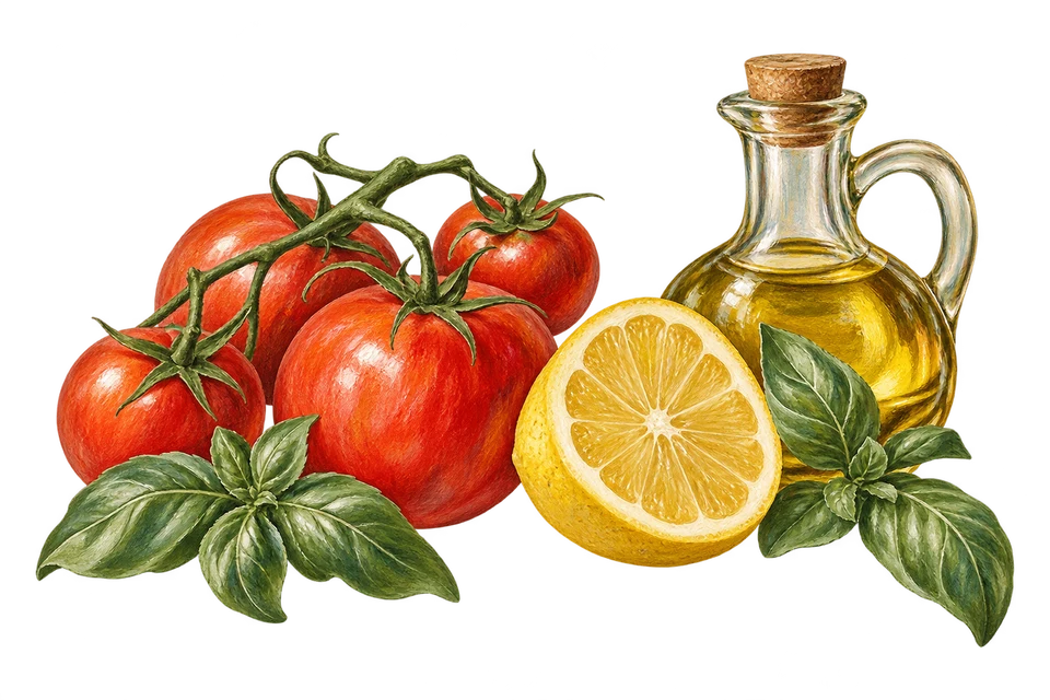 Gouache illustration of a tomato, lemon, basil and olive oil